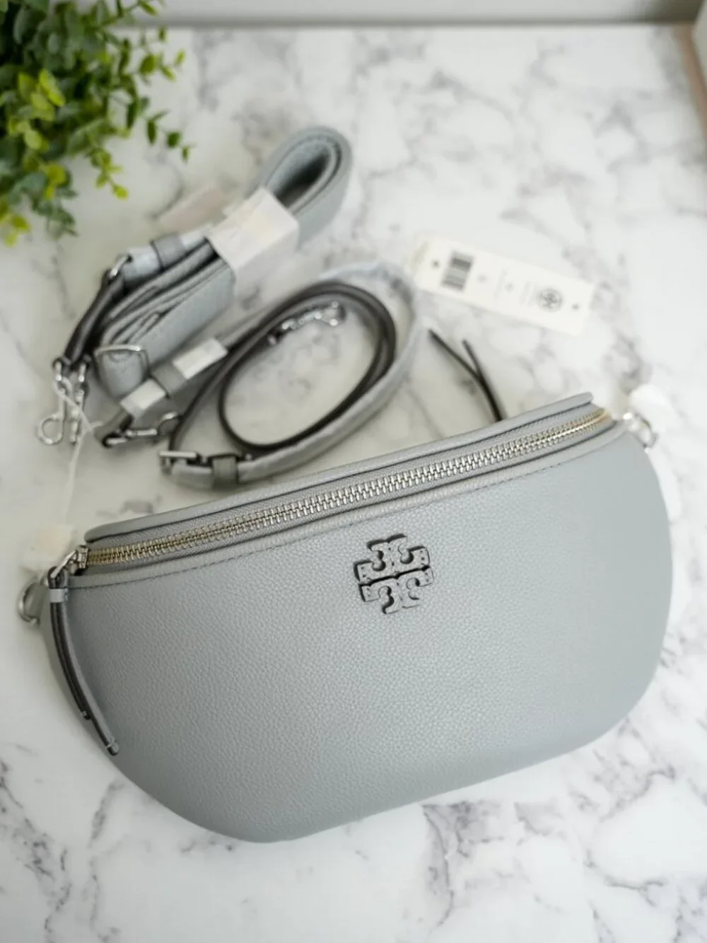 Tory Burch Thea Pebbled Leather Belt Bag Fanny Pack in Misty Cloud 165917 NWT